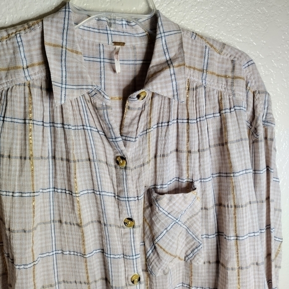 Free People XS Top Break My Stripe Plaid Shirt Oversized OB857288 sz S - Picture 4 of 7